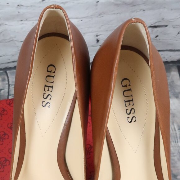 GUESS MEDIUM BROWN LEATHER OPEN TOE PLATFORM 5" PUMP SIZE 10 NEW WITH BOX - Picture 7 of 9